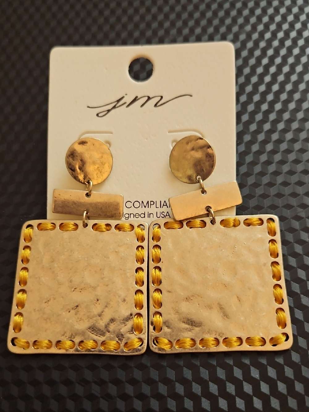 Gold Rectangular Drop Earrings with Stitched Accent